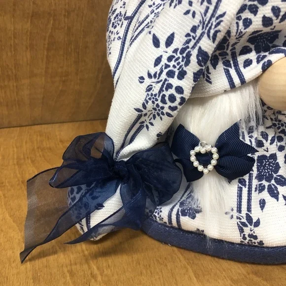 Victorian Lady Gnome Navy White Floral Vines Pearl Heart Bows Gift All Seasons - Picture 2 of 4